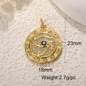 Golden Evil Eye pendant with blue resin and white zircon stones on stone background
