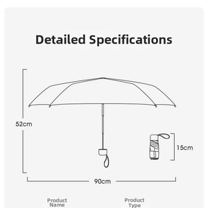 Detailed size chart showing 52cm height, 90cm diameter, and 15cm folded mini umbrella