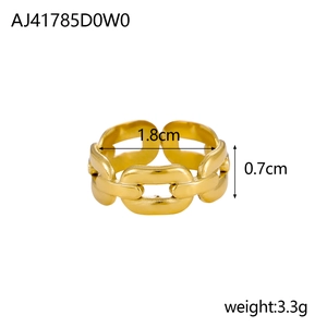 Detail view of golden chain ring showing 0.7cm width and 1.8cm inner diameter measurements