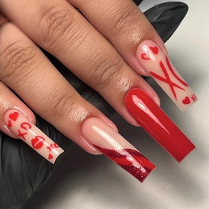 Red And Nude Pink Press On Nails Long Coffin Shape Fake Nails Heart Lip Print XO Pattern Romantic Valentine Style