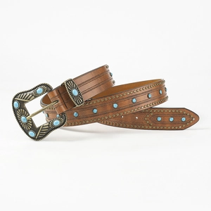 Brown leather belt with turquoise accents and rivets in vintage western style on white
