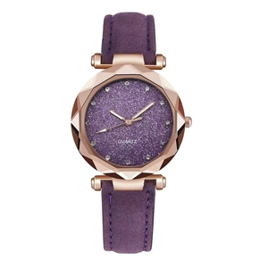 Purple starry sky women's quartz watch with rose gold case and frosted leather strap