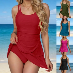 Women Swimdress Tummy Control Ruffle Tiered Skirt Conservative Nylon Slimming Bathing Suit Vacation Beachwear
