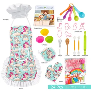 24-piece unicorn kitchen baking set for kids including apron, hat, and colorful cookie tools