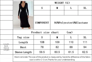 Detailed size chart for V-neck midi dress with length, bust, and sleeve measurements