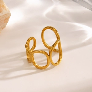Minimalist gold geometric hollow oval stainless steel ring with elegant water wave lighting