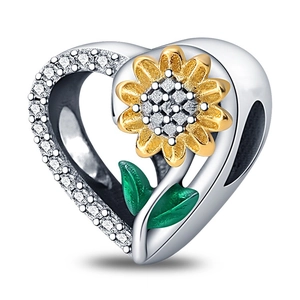 Colgante de corazón plateado con girasol dorado y hojas esmaltadas para pulseras DIY