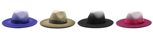 Detailed row of wool felt fedora hats showing vibrant gradient colors and stylish wide brims