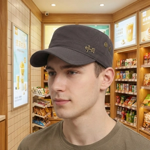 Flat top military cap in dark gray canvas with vintage metal badge for men