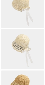 Detailed views of breathable hollow knit sun hats with sweet white lace ribbon ties