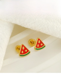 Detail of stainless steel mini watermelon earrings with colorful enamel and screw back design