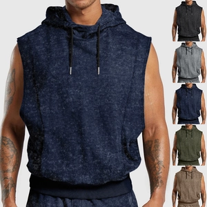 Detail of men's street style sleeveless hoodie with textured knit fabric in various colors