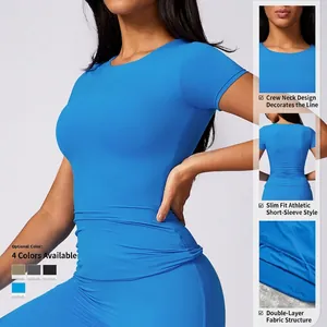 Slim fit women's short sleeve yoga sports T-shirt with crew neck in blue color