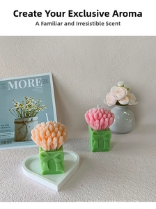 Detailed close-up of tulip bouquet scented candles with pink petals and green base