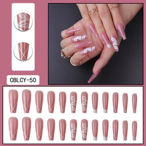 Long pink press on nails with white leaf pattern and elegant matte finish design