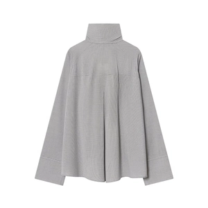 Back view of loose fit grey plaid high collar shirt with pleat detail and curved hemline
