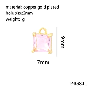 Macro detail of 18K gold plated copper square pendant with pink cubic zirconia and dimensions