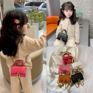 Detailed views of mini bucket bag with gold R logo and chain strap in multiple colors