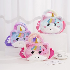 Plush unicorn crossbody bags for girls in gradient pink, purple and blue soft faux fur