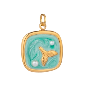 Detail of square gold pendant with green enamel, rippled relief and small pearl accents