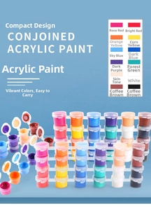 Detail view of 12-color acrylic paint set in interconnected plastic pots with color chart