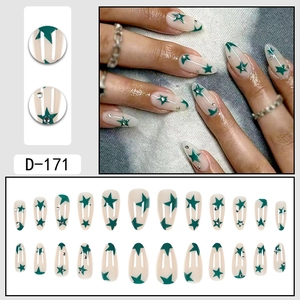 Faux ongles amande à motif étoile verte, ensemble de 24 pièces en nude et vert foncé