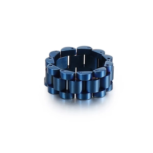 Blue titanium steel chain ring with watch strap link design for men on white background