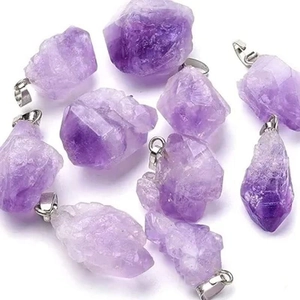 Natural raw amethyst crystal pendants with silver metal clasps for DIY jewelry