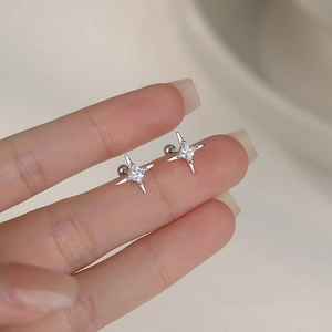 Sparkling S925 sterling silver four-pointed star stud earrings with square zircon stone