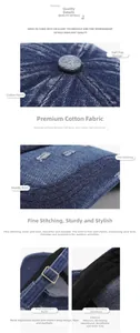Detailed view of dark blue denim baseball cap featuring metal buckle and stitching