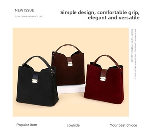 Three suede cowhide handbags in black, coffee and burgundy with metal clasps