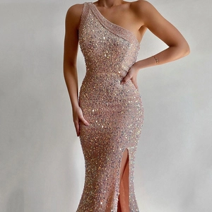 One Shoulder Pailletten Maxi Kleid Hoher Schlitz Elegantes Abendkleid Formelle Party Abschlussball Hochzeit Slim Fit Damen