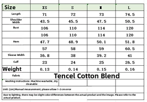 Detailed size chart for striped floral lace shirt with Tencel cotton fabric specs