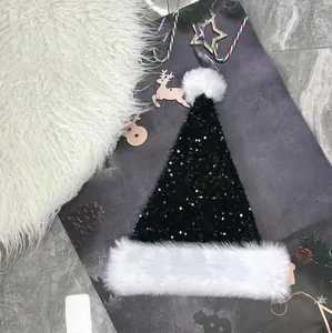 Green sequined Christmas hat with white plush trim and pompom for holiday party decor