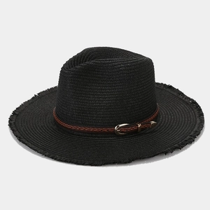 Summer black straw fedora sun hat with woven leather band and frayed edges for beach vacations