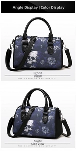 Front and side views of a gothic skull floral boston bag in durable oxford fabric