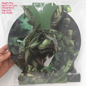 Confezione piatta di un supporto per cupcake a 3 livelli a tema dinosauro con dimensioni