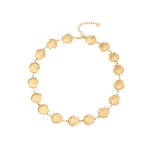 Golden scallop shell link necklace with adjustable lobster clasp on white background