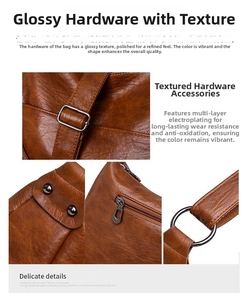 Close-up of premium gunmetal hardware and litchi grain texture on brown PU leather bag