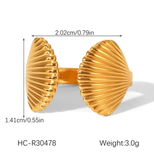 Detail view of gold shell ring with dimensions 2.02cm width and 1.41cm height markings