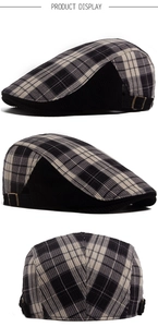 Three-way view of a plaid corduroy flat cap featuring a metallic adjustment side buckle