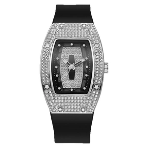 Tonneau shaped diamond quartz watch for women with stylish black silicone strap