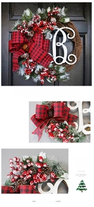 Close-up of Christmas wreath with red berries, pine needles, and white letter B decor