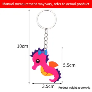 Cartoon seahorse PVC keychain in pink and purple with size dimensions for party favors