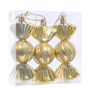 Three-piece set of gold candy-shaped Christmas ornaments with glitter and mirror finish