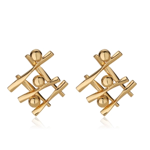 Minimalist gold-plated geometric cross earrings with round metallic bead accents