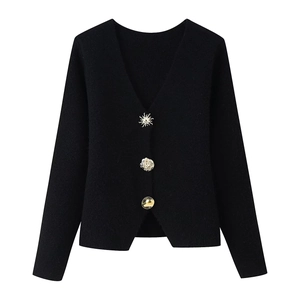 Minimalist black V-neck knitted cardigan with unique gold decorative buttons for women