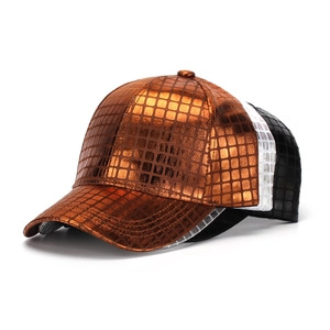 Three textured PU leather baseball caps in bronze silver and black with metal pattern