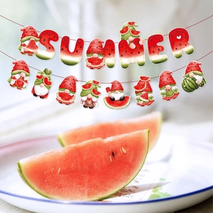 Watermelon Summer gnome party banner with vibrant green and red hanging decorations