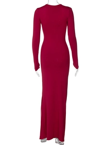 Rear view of long sleeve bodycon dress in deep red color on a display mannequin